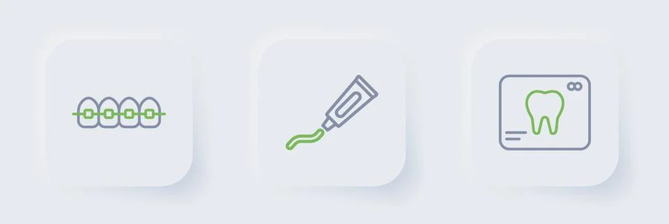 Set line X-ray of tooth, Tube toothpaste and Teeth with braces icon. Vector Stock Illustration