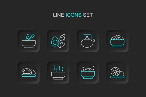 Set line Xiao long bao, Wonton, Ramen soup bowl, Sushi, Chow mein plate, Tr.. Stock Illustration
