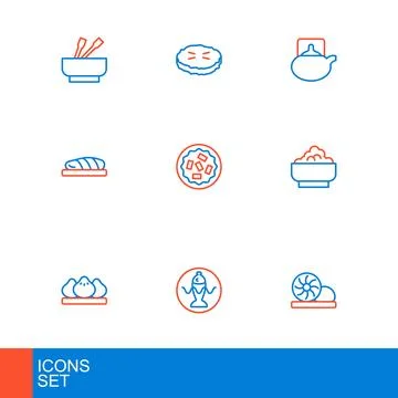 Set line Xiao long bao, Served fish plate, Dumpling, Rice bowl, Fish steak,.. Stock Illustration