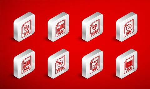 Set line XLS file document, PDF, RUBY, GIF, AVI, WMA and DOC icon. Vector Illustrazione stock