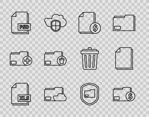 Set line XLS file document, Finance folder, Cloud storage text, PSD, Delete Illustrazione stock