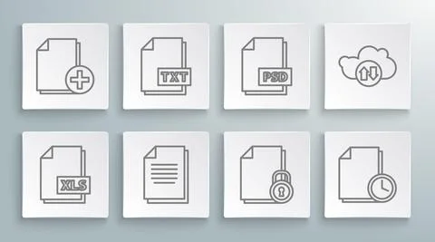 Set line XLS file document, TXT, Document, and lock, with clock, PSD, Cloud Stock Illustration