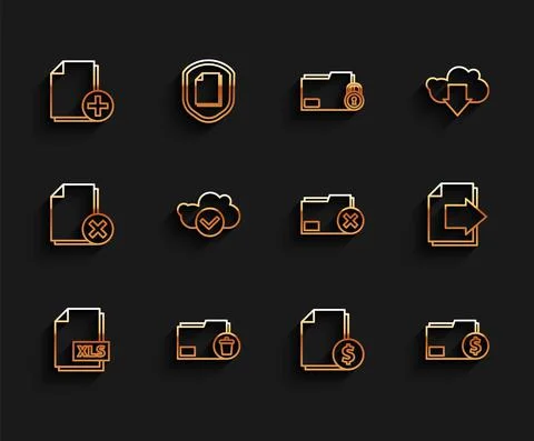 Set line XLS file document, Delete folder, Add new, Finance, Cloud with check Stock Illustration
