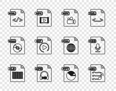 Set line XLS file document, M3U, MOV, MP3, HTML, GIF, PPT and OGG icon. Vector Stock Illustration