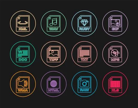 Set line XLS file document, MP3, RUBY, TIFF, DOC, XML, TXT and WAV icon. Vect Illustrazione stock