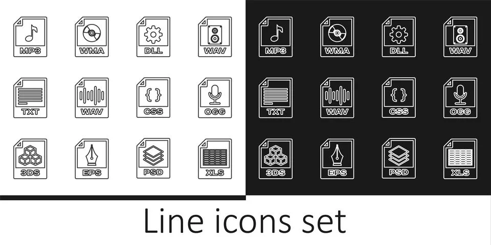 Set line XLS file document, OGG, DLL, WAV, TXT, MP3, CSS and WMA icon. Vector Stock Illustration