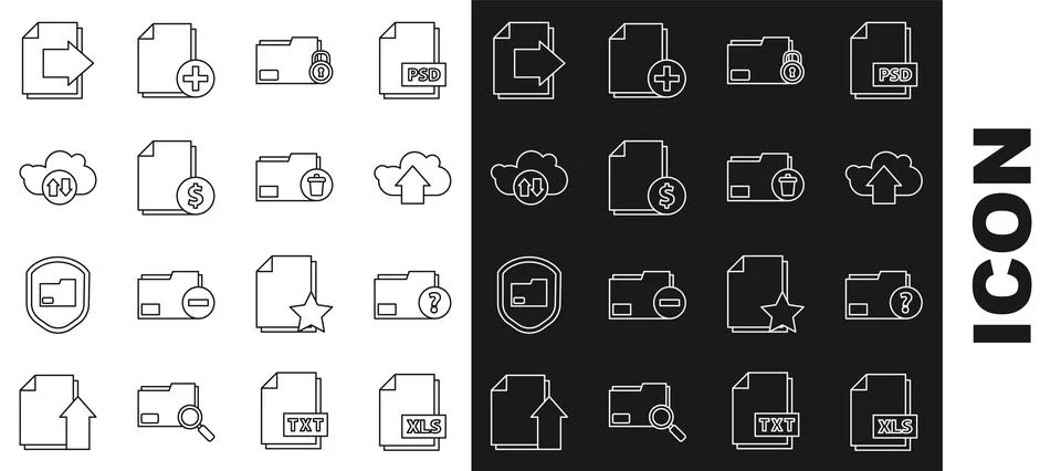 Set line XLS file document, Unknown folder, Cloud upload, Folder and lock Stock Illustration