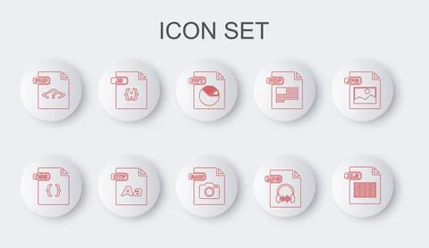 Set line XLS file document, CSS, PPT, MP3, PHP, JS, OTF and RAW icon. Vector Stock-Illustration