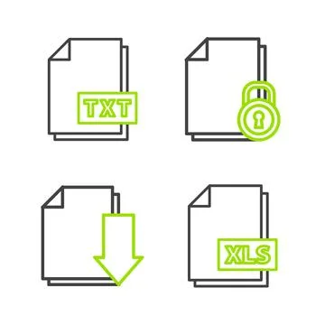 Set line XLS file document Document with download and lock and TXT icon. Vect Stockillustratie