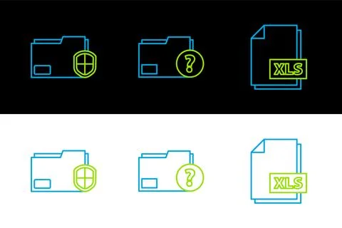 Set line XLS file document, Document folder protection and Unknown icon. Vect Illustrazione stock