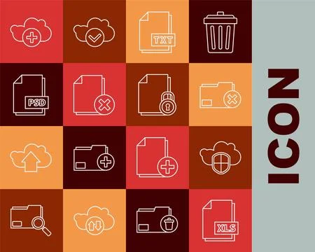 Set line XLS file document, Cloud and shield, Delete folder, TXT, PSD, Add .. Stock Illustration