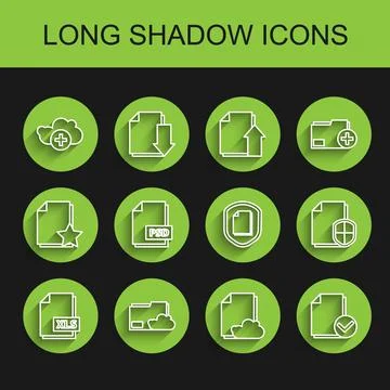 Set line XLS file document, Cloud storage text folder, Add cloud, Document .. Illustrazione stock