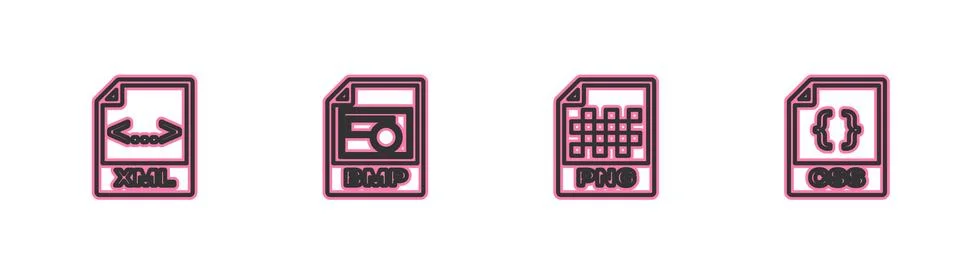 Set line XML file document, PNG, BMP and CSS icon. Vector Stock Illustration