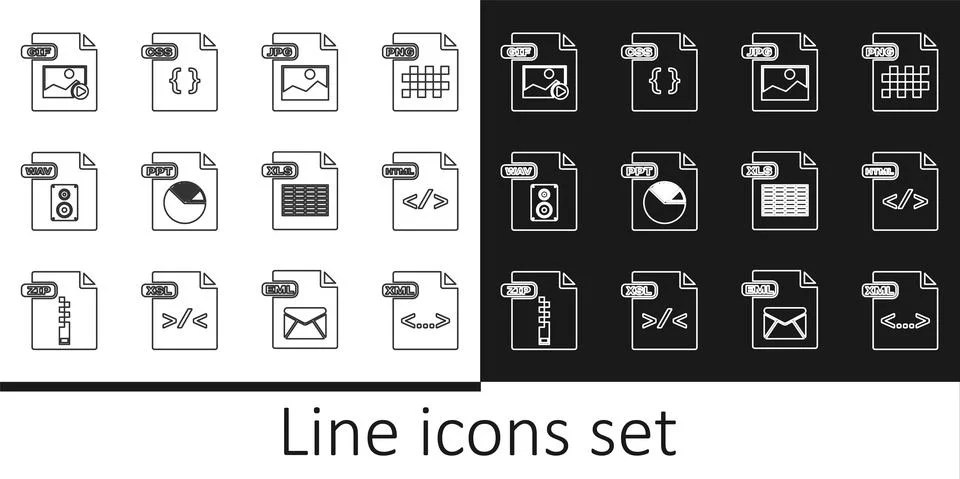 Set line XML file document, HTML, JPG, PPT, WAV, GIF, XLS and CSS icon. Vector 库存插图