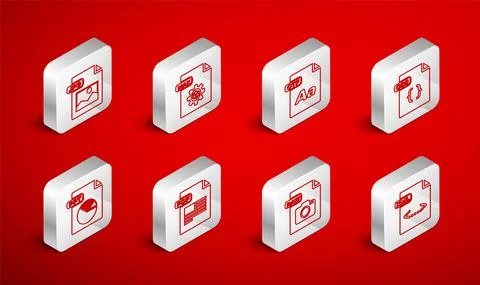 Set line XML file document, MAX, OTF, CSS, RAW, JPG, PDF and PPT icon. Vector Illustrazione stock