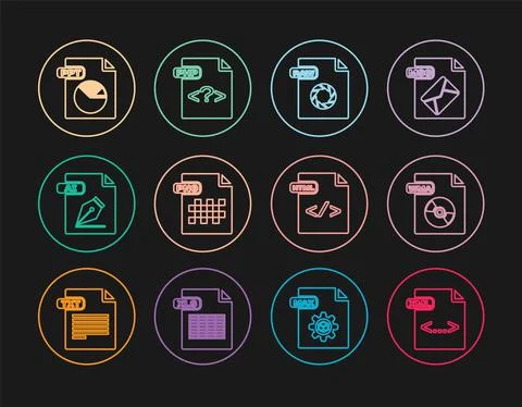 Set line XML file document, WMA, RAW, PNG, AI, PPT, HTML and PHP icon. Vector イラスト素材