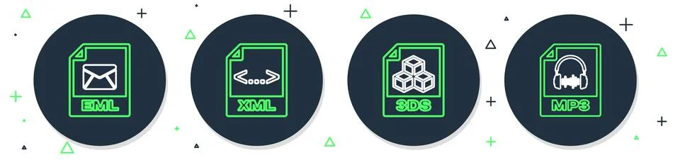 Set line XML file document, 3DS, EML and MP3 icon. Vector 库存插图