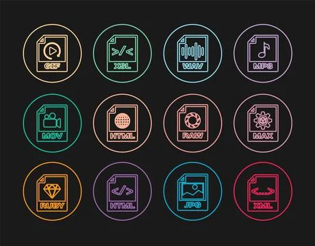 Set line XML file document, MAX, WAV, HTML, MOV, GIF, RAW and XSL icon. Vector Illustrazione stock