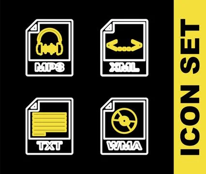 Set line XML file document, WMA, TXT and MP3 icon. Vector Stock Illustration