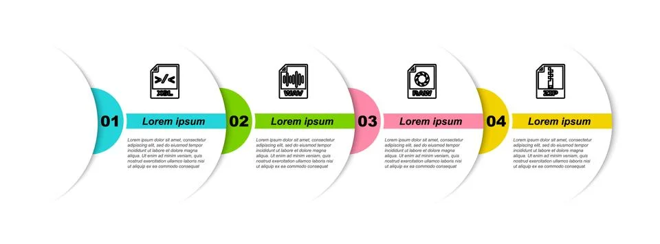 Set line XSL file document, WAV, RAW and ZIP. Business infographic template 스톡 일러스트