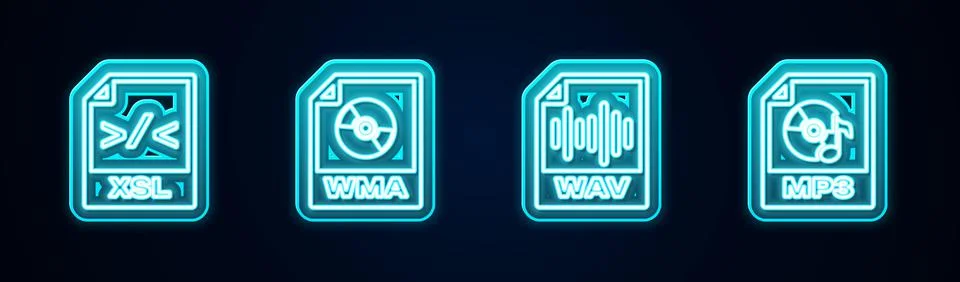Set line XSL file document, WMA, WAV and MP3. Glowing neon icon. Vector 库存插图