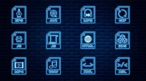 Set line XSL file document, 3DS, MP3, JS, EPS, HTML and AVI icon. Vector 库存插图