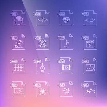 Set line XSL file document, GIF, MOV, RUBY, AVI, AI, PPT and MP3 icon. Vector Illustrazione stock