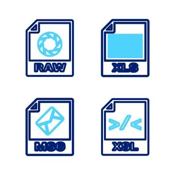 Set line XSL file document, MSG, XLS and RAW icon. Vector Stock Illustration