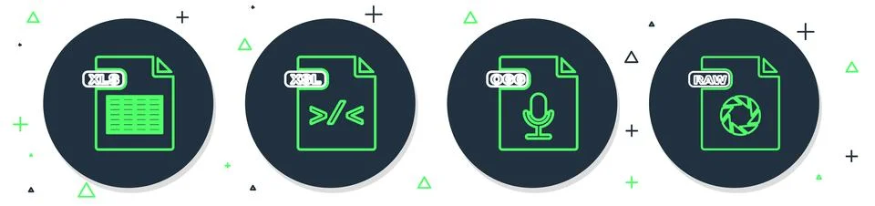Set line XSL file document, OGG, XLS and RAW icon. Vector 库存插图