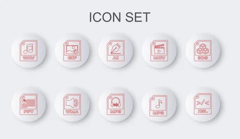 Set line XSL file document, PPT, AI, MP3, WAV, GIF, WMA and  icon. Vector Stockillustratie