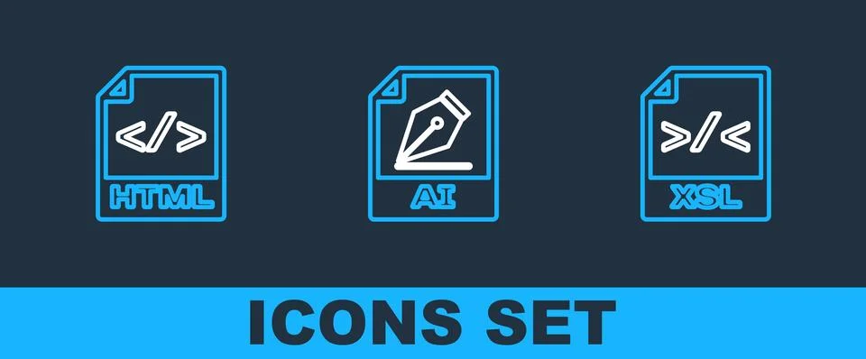 Set line XSL file document, HTML and AI icon. Vector Stock Illustration