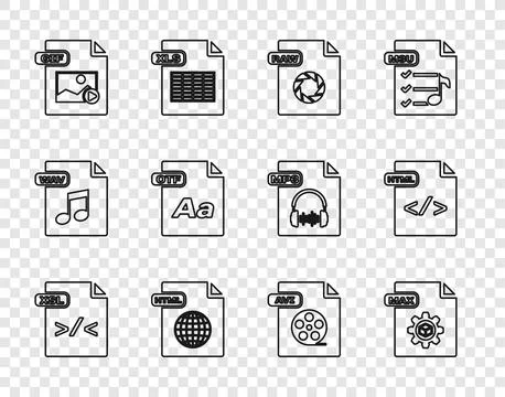 Set line XSL file document, MAX, RAW, HTML, GIF, OTF, AVI and  icon. Vector 스톡 일러스트