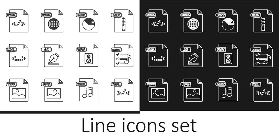 Set line XSL file document, M3U, PPT, AI, XML, HTML, WAV and  icon. Vector 스톡 일러스트