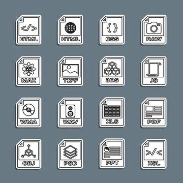 Set line XSL file document, PDF, JS, CSS, TIFF, MAX, HTML and 3DS icon. Vecto Illustrazione stock