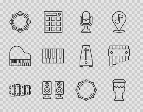 Set line Xylophone, Drum, Microphone, Stereo speaker, Tambourine, Grand pia.. Stock Illustration