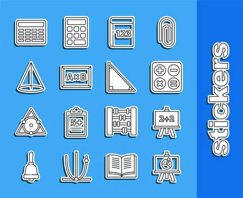 Set line XYZ Coordinate system, Calculator, Square root, Test exam sheet and pen Stock Illustration