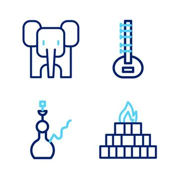 Set line Yagna, Hookah, Sitar and Elephant icon. Vector Stock Illustration