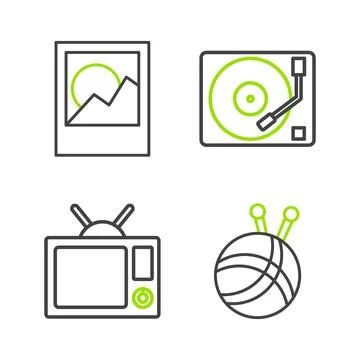 Set line Yarn ball with knitting needles, Television, Vinyl player vinyl disk Stock Illustration