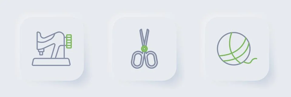 Set line Yarn ball, Scissors and Sewing machine icon. Vector Illustrazione stock
