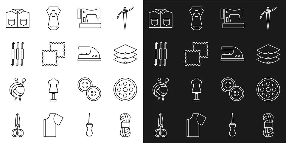 Set line Yarn, Sewing button, Layers clothing textile, machine, Textile fabric Stock Illustration