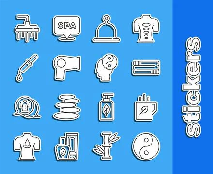 Set line Yin Yang, Cup of tea and leaf, Towel stack, Sauna hat, Hair dryer, P Stock Illustration