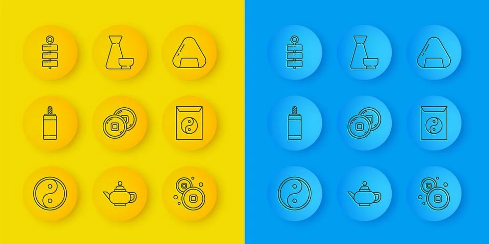 Set line Yin Yang, Firework, Chinese Yuan currency, and envelope, Sushi and.. Stock Illustration