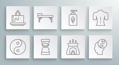 Set line Yin Yang, Massage table, Old hourglass, Aroma candle, Essential oil Stock Illustration