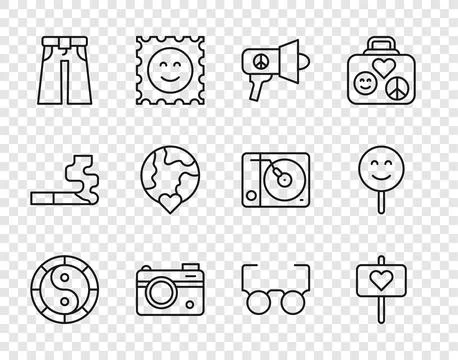 Set line Yin Yang symbol, Peace, Megaphone, Photo camera, Jeans wide, The h.. Stock Illustration