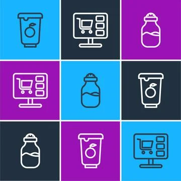 Set line Yogurt container, Spice can and Shopping cart computer icon. Vector Illustrazione stock