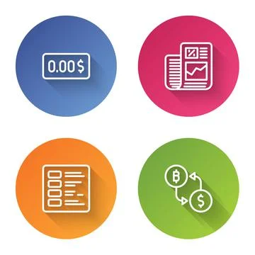 Set line Zero cost, Business finance report, and Cryptocurrency exchange. Color Stock Illustration