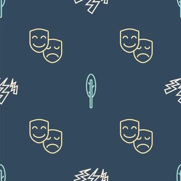 Set line Zeus, Comedy and tragedy masks and Feather pen on seamless pattern Stock Illustration