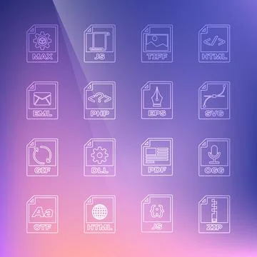 Set line ZIP file document, OGG, SVG, TIFF, PHP, EML, MAX and EPS icon. Vector Stock Illustration