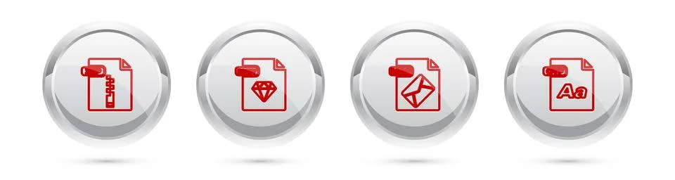 Set line ZIP file document, RUBY, MSG and OTF. Silver circle button. Vector Stock Illustration