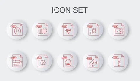 Set line ZIP file document, M3U, RUBY, MSG, GIF, PNG, DLL and MP3 icon. Vector Stock Illustration